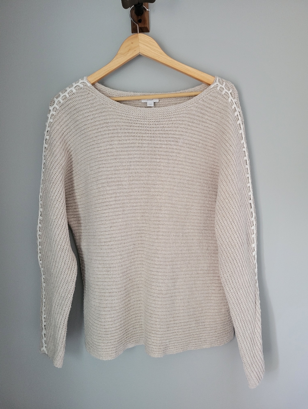 Pure Jill J Jill Pullover Sweater Size S Petite Tan Beige Sleeve Detail Knit